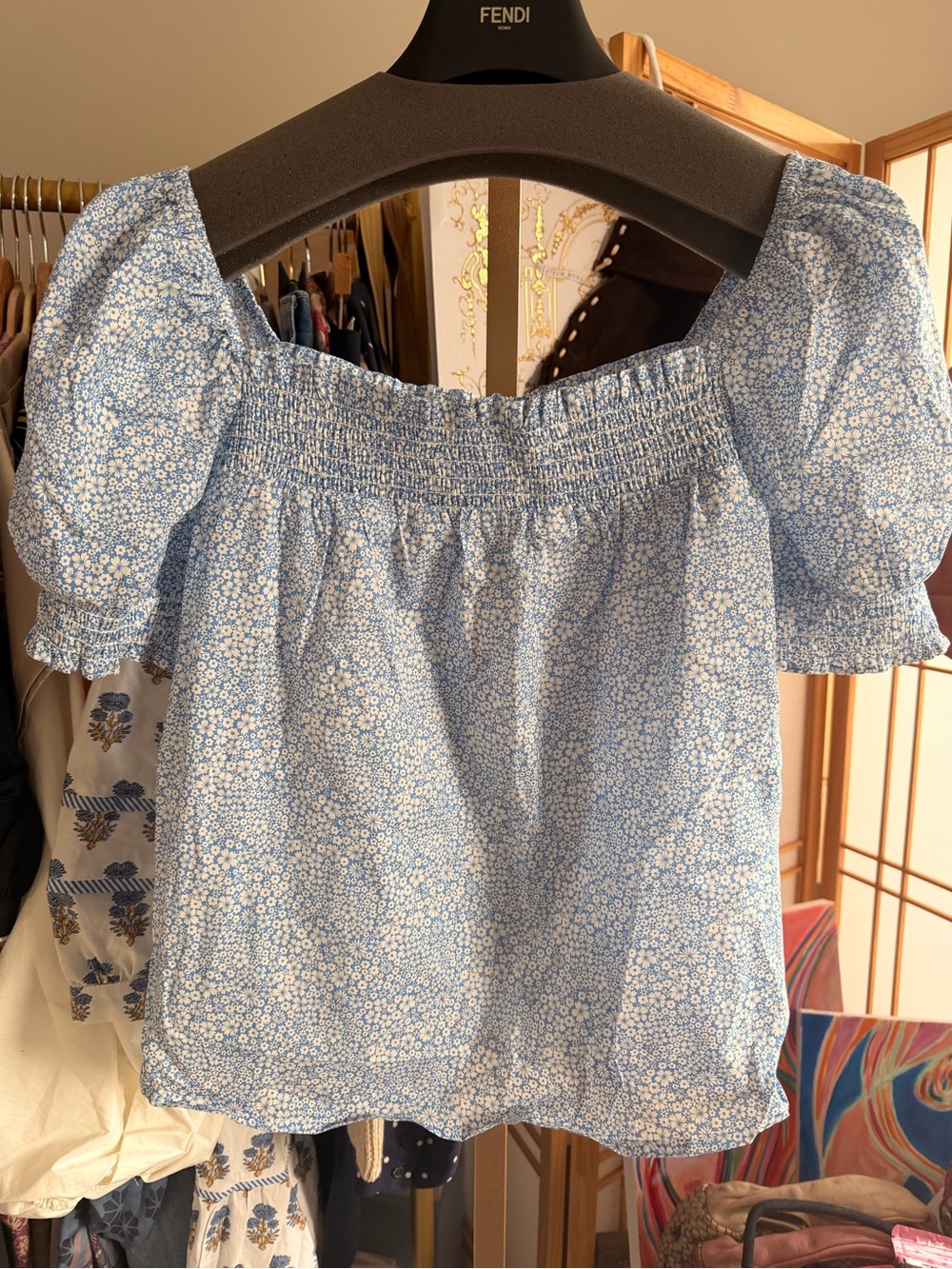 J.Crew Liberty Fabric Floral Smocked Puff Sleeve Top Blue White Size M Cotton